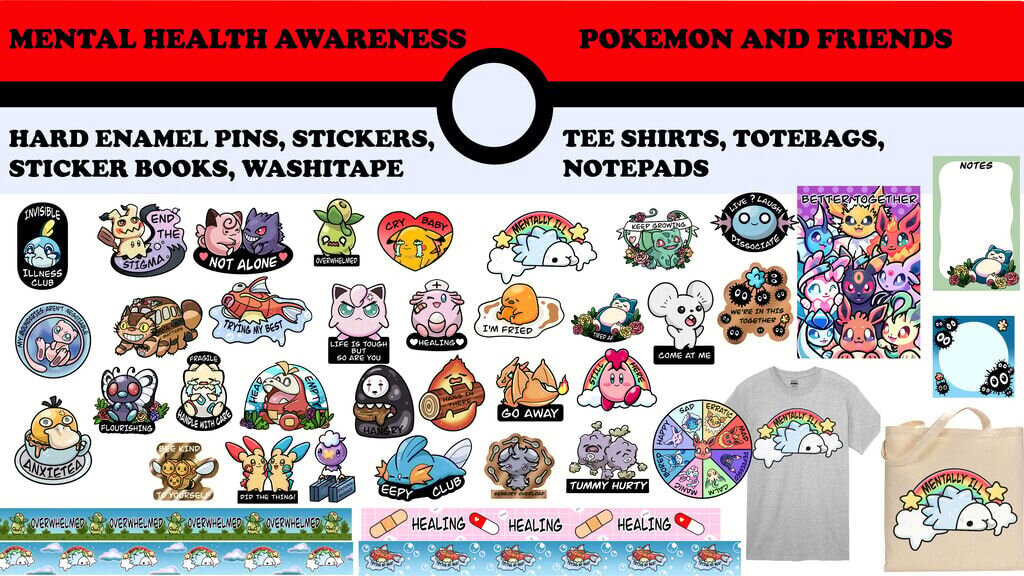 Mental Health Awareness pokemon and friends enamel pins